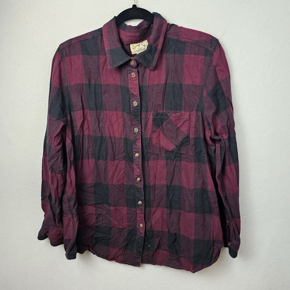 Blue Mountain Shirt Woman's Size XL Burgundy Black Plaid Long Sleeve Button Up